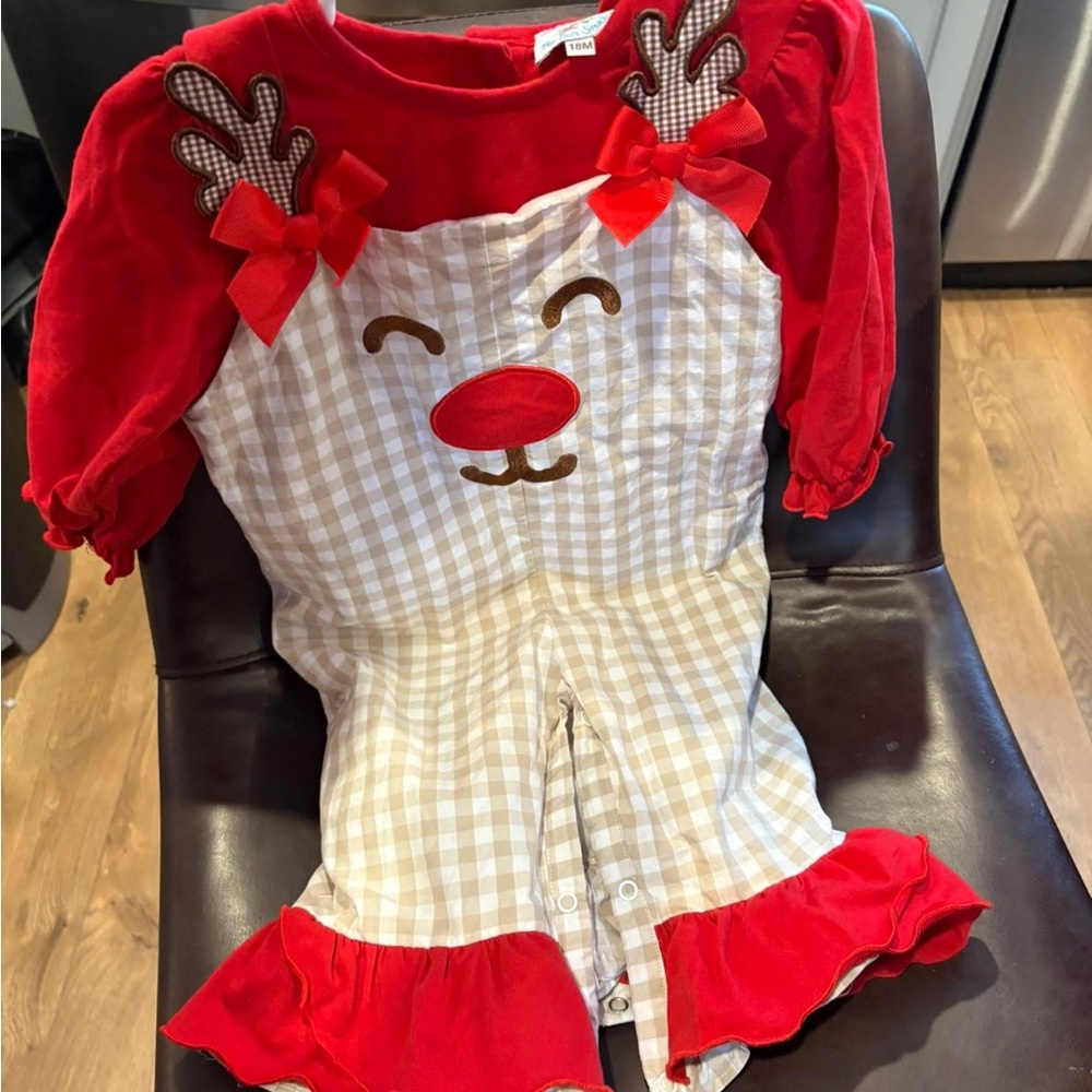 Festive Red and Brown Reindeer Kids Dress